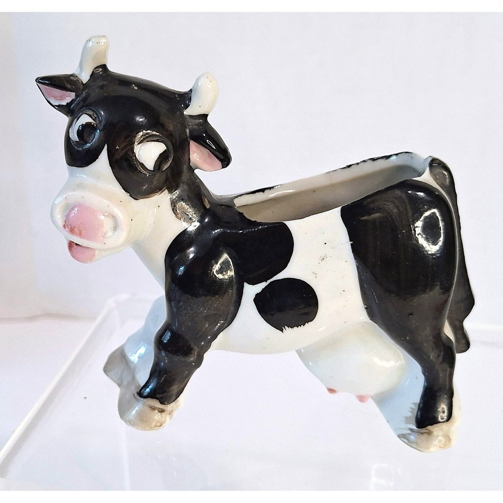 Vintage Cow Planter Figurine Black White Spotted Ceramic Japan Farmhouse Decor